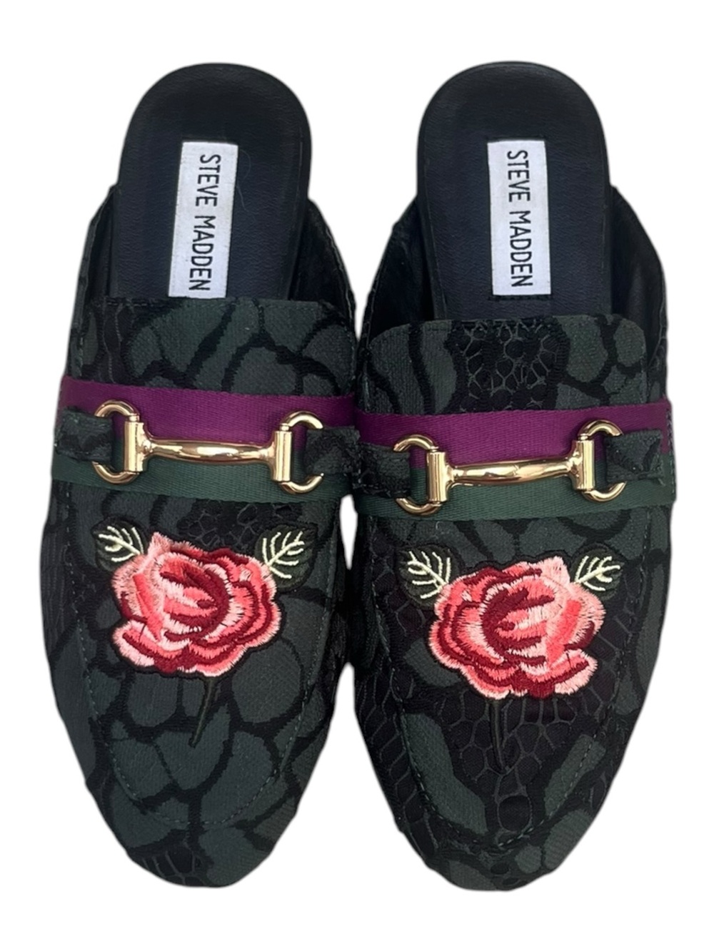 Steve Madden Forest Green and Black Floral Embroidered Mules